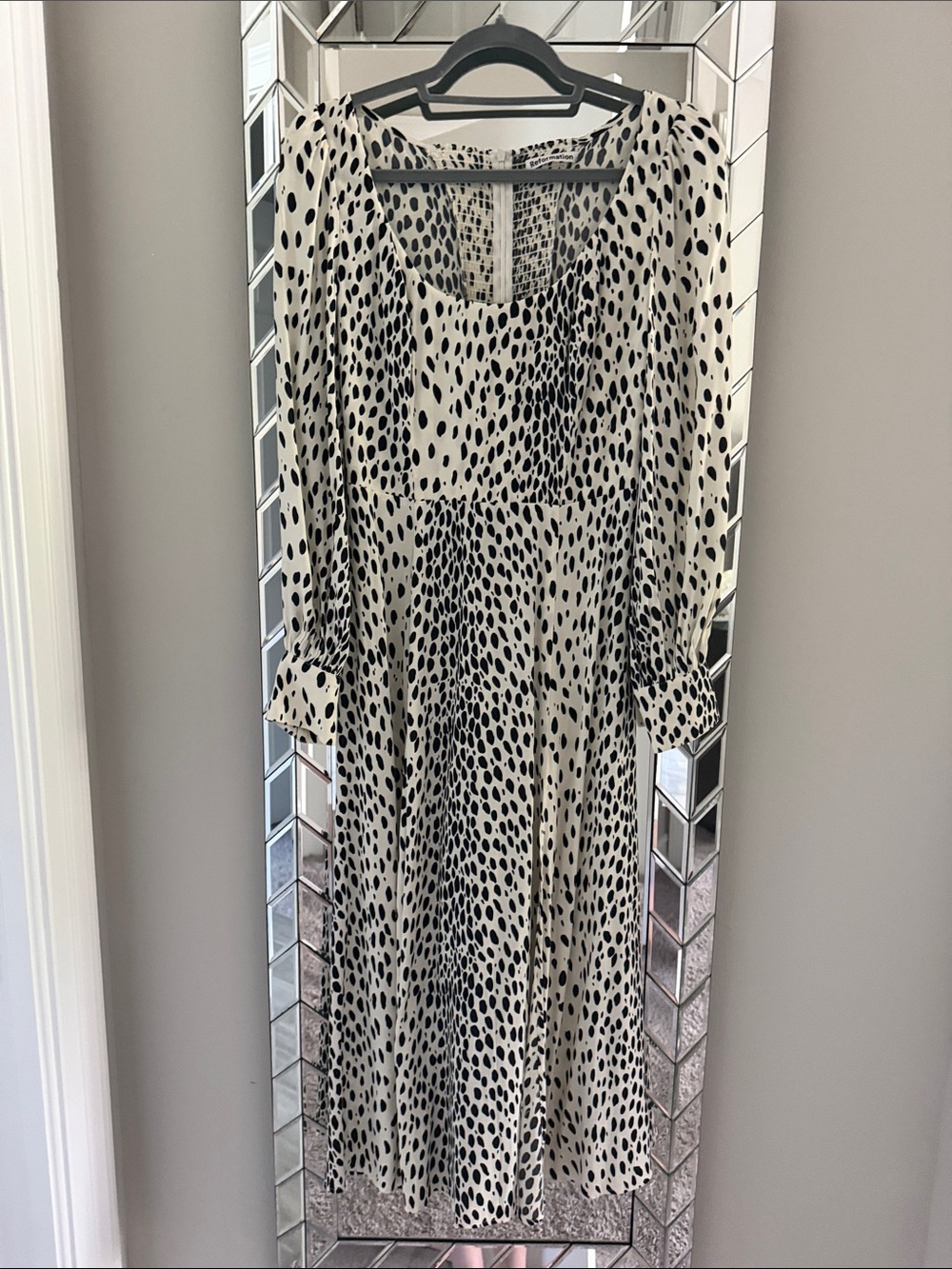 Reformation Black and White Dalmatian-Spot Long Sleeve Midi Dress